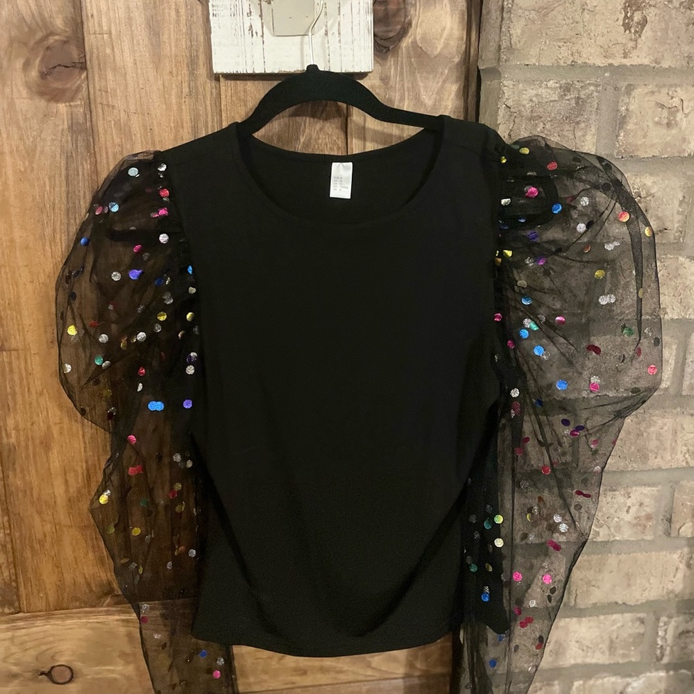 Black Top with Colorful Sequin Sleeves